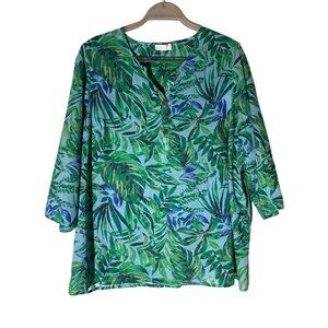 J. Jill Soft Lagoon Painted Fronds Shirred Voile 3/4 Sleeve Cotton Blouse Size L